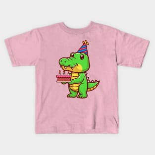 Cute Crocodile Holding Birthday Cake Cartoon Kids T-Shirt